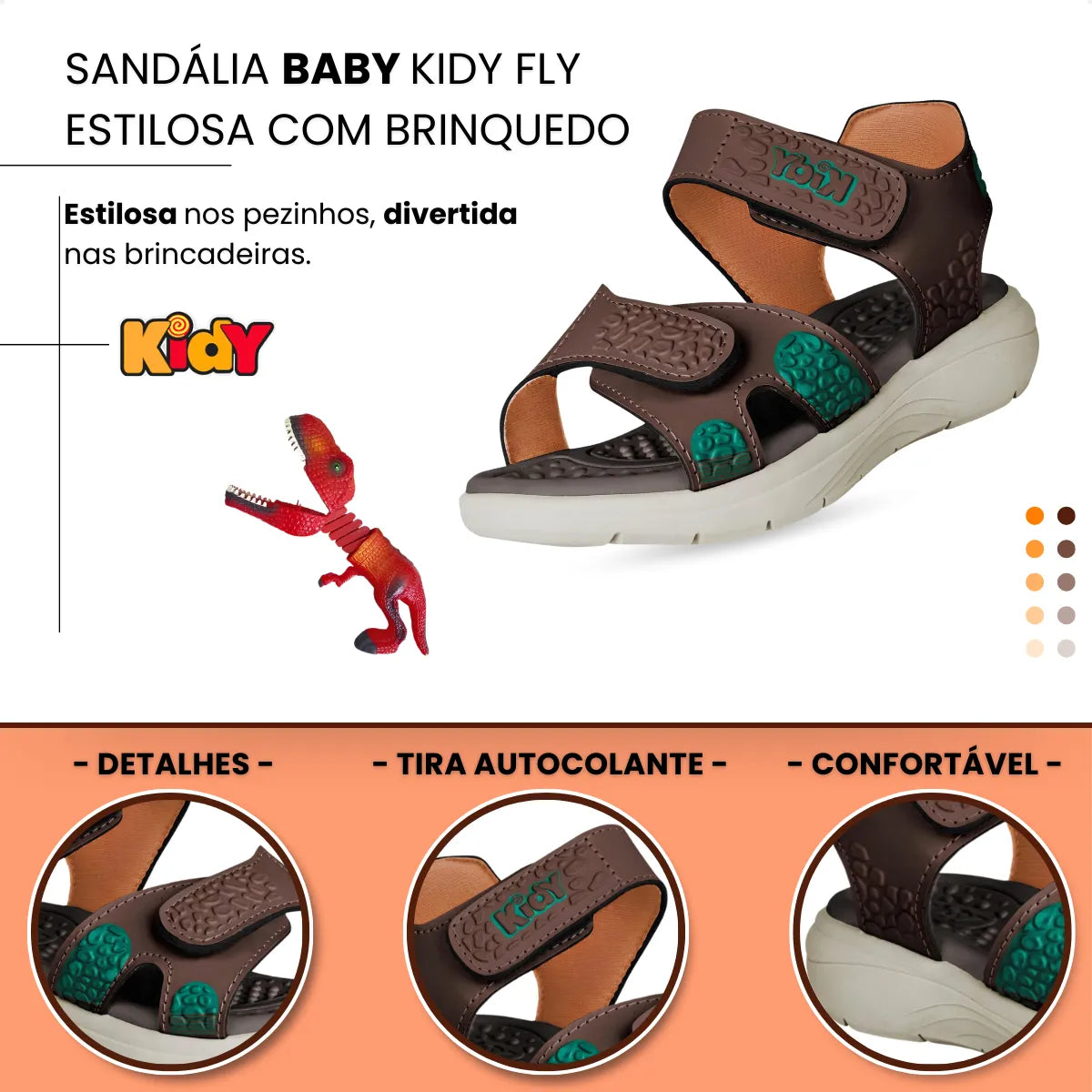 Sandália Kidy Fly Baby Marrom com Dinossauro